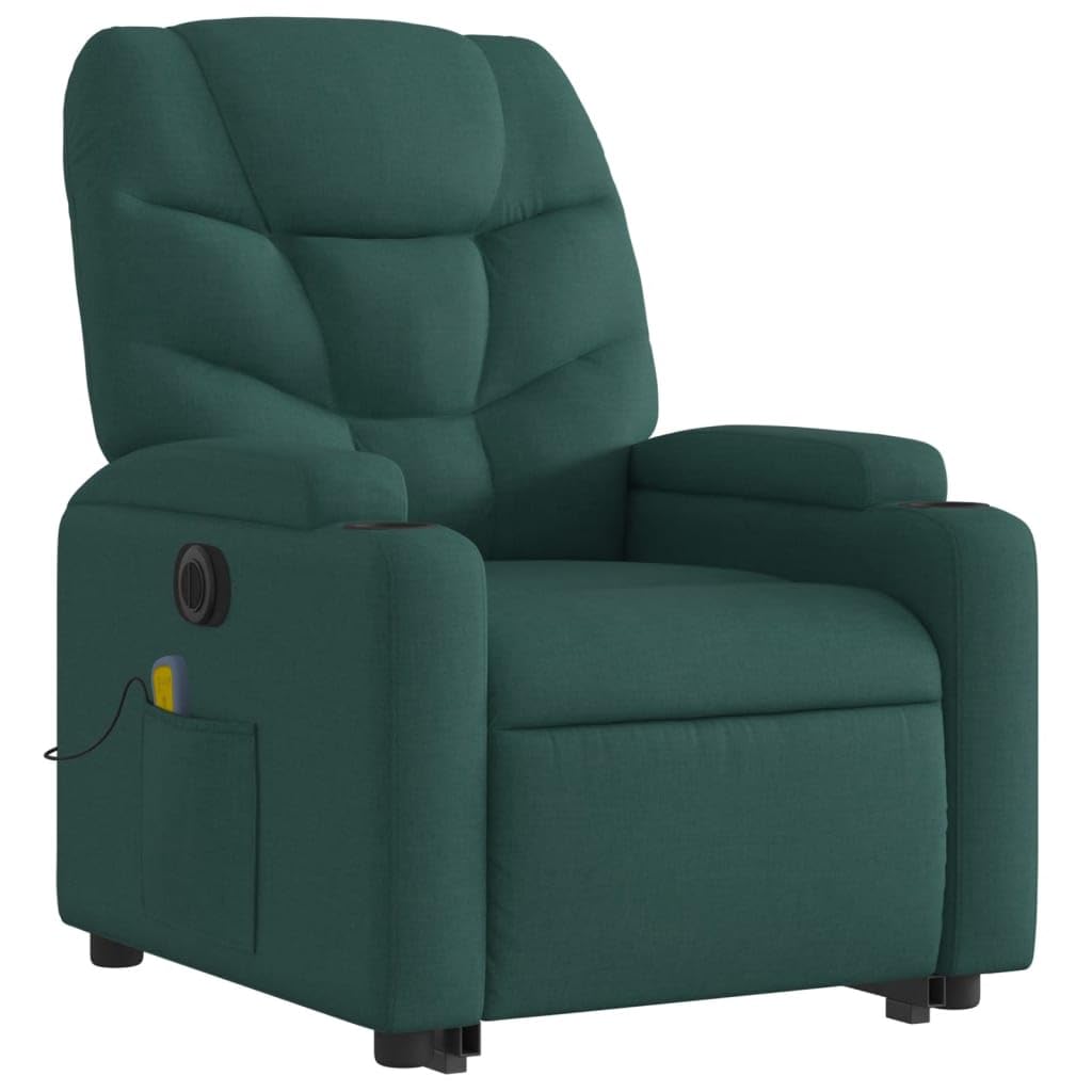 Sillón elevador eléctrico con masaje de tejido verde oscuro con 6 puntos de vibración y reclinación de 135 grados, función de elevación eléctrica, asiento acolchado,