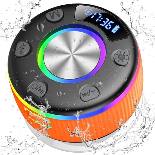 PRSCFUM Bluetooth Shower Speaker, Mini Bluetooth Speaker 360° Surround Sound, Portable Wireless Speaker, LED Light, Bulit-in Mic, Bathroom Speaker with Suction Cup for Bathroom, Party, Travel, (NEW)