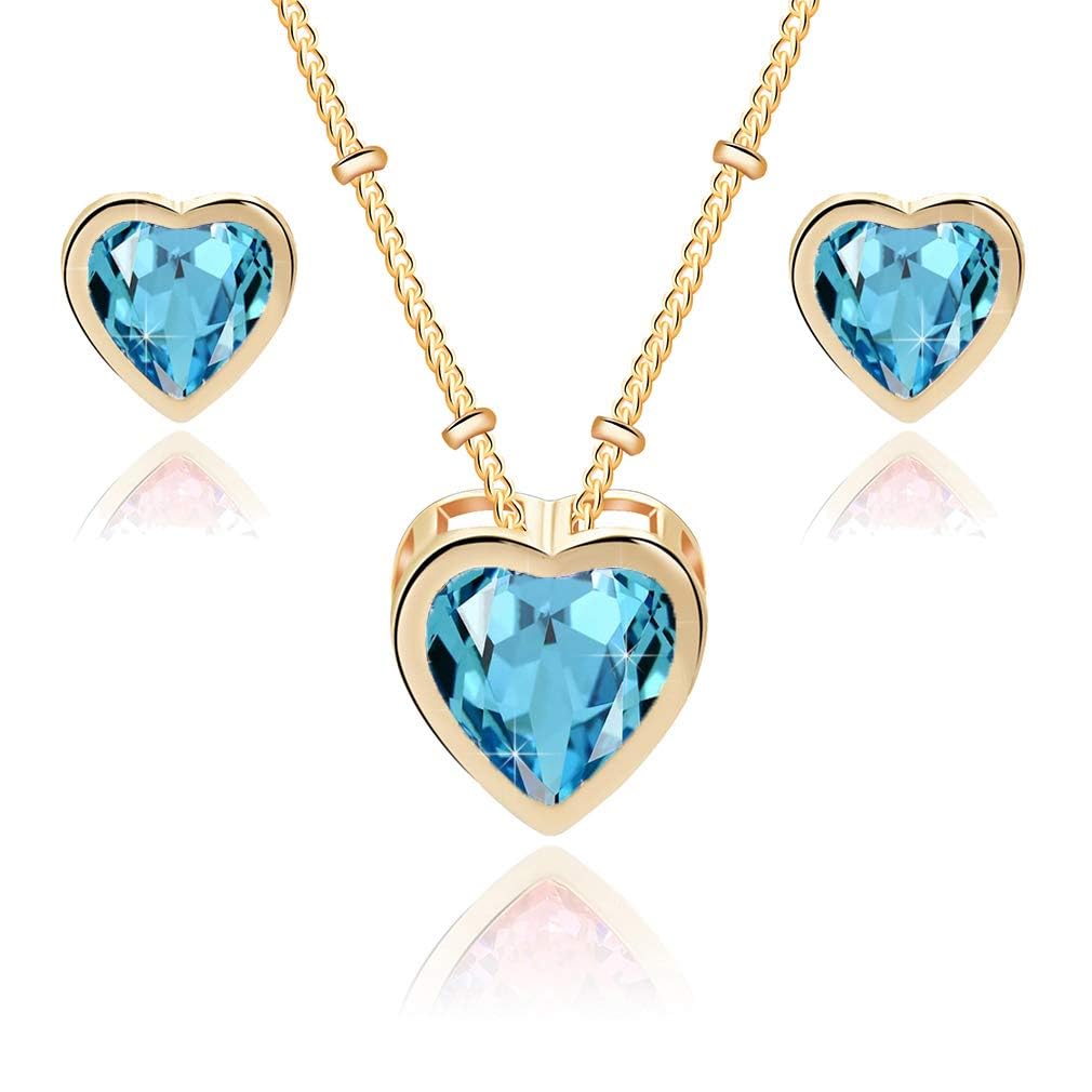 EVEVIC Austrian Crystal Heart Pendant Necklace Earrings for Women 14K Gold Plated Hypoallergenic Jewelry Set