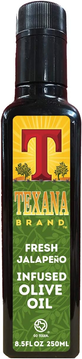 Texana Brand Jalapeno Infused Olive Oil- 250ml (8.5oz) Bottle- 100% Arbequina Olives USA Made & Texas Sourced- Non-GMO, All-Natural, Tested & Certified Extra Virgin Oil- Hill Country Heritage Flavors