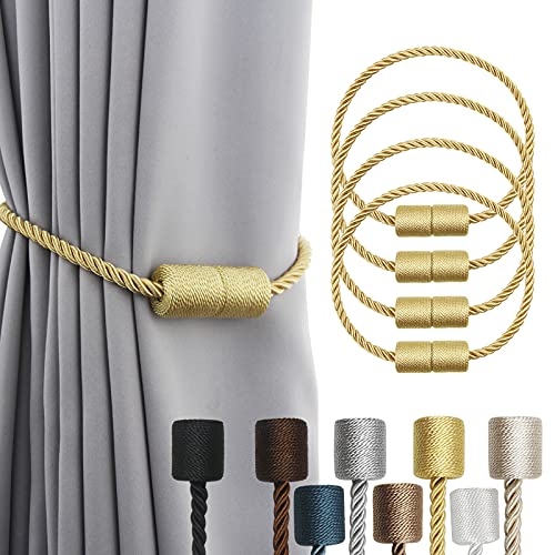 Porlau 4 Pack Gold Strong Magnetic Curtain Tiebacks Outdoor Elegant Decorative Tie Backs Modern Rope Tiebacks for Drapes Window Curtain Holdbacks for Draperies