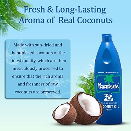 Parachute 100% Pure and Natural Coconut Oil 200ML | Non-refined | Ideal for Cooking, Hair, Mosturiser