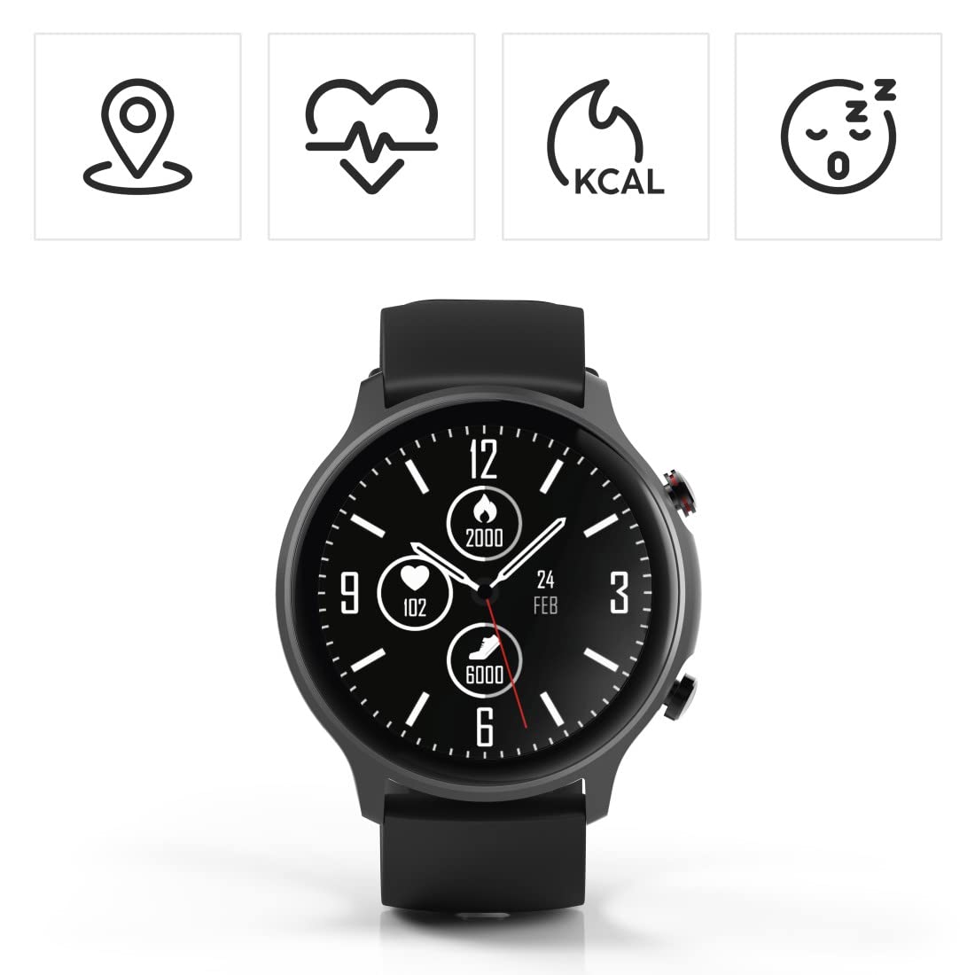 Hama Smartwatch GPS (zegarek inteligentny, smart, LCD, Bluetooth, wodoodporny, pulsoksymetr, powiadomienia, silikonowy pasek, sportowy, fitness) czarny