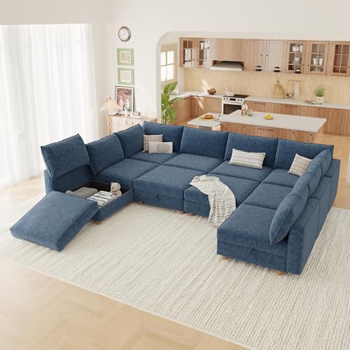 Image of 128 inch Modular Sectional Sleeper Sofa Bed with Storage & Washable Covers, 10-Seater Chenille Modular Sofa Bed with Movable Ottoman Chaise, Convertible Sleeper Sectional Couches for Living Room, Blue