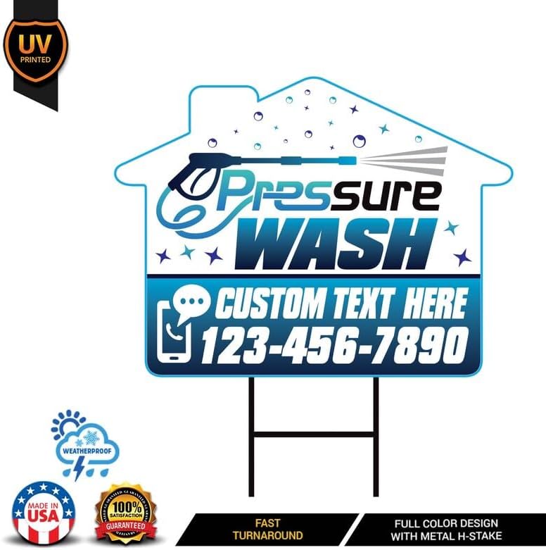 Custom Pressure Washing Yard Sign 18" x 24", Coroplast 2-Sided Add Your Text, Logo, Photo Personalized House Shaped Signs with Metal H-Stake, VP6847
