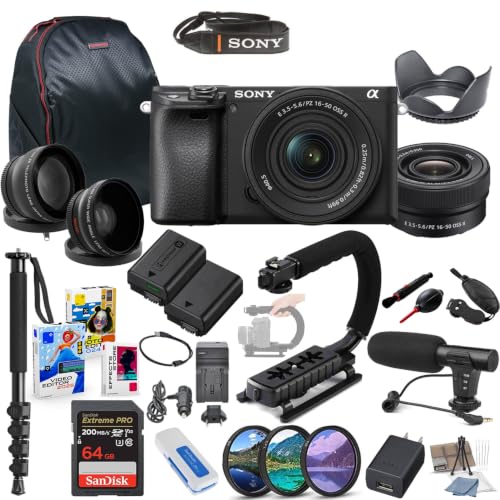 Sony Alpha a6400 Mirrorless Camera with E PZ 16-50mm II Lens Bundle + 64GB Extreme PRO Memory, Shotgun Mic, Backpack, Wide & Telephoto Aux Lenses, Video Grip & Monopod (38 Items) (Renewed)