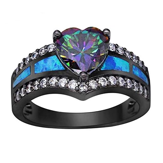 K Jewelry Mystic Rainbow Topaz Blue Fire Opal Heart Ring Black Gold Wedding Band (7)