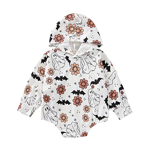 Image of Wytyjxccyy Halloween Outfit Infant Baby Girl Boy Hooded Sweatshirt Romper Onesie Ribbed Skull Flower Bodysuit Fall Playsuit
