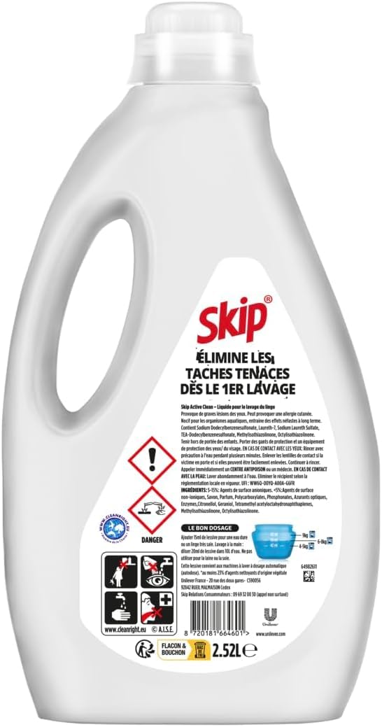 Skip - Lessive Liquide Active Clean - Propreté Impeccable - Fraîcheur Longue Durée - Détache les vêtements tout en respectant fibres et couleurs - 2x60 Lavages