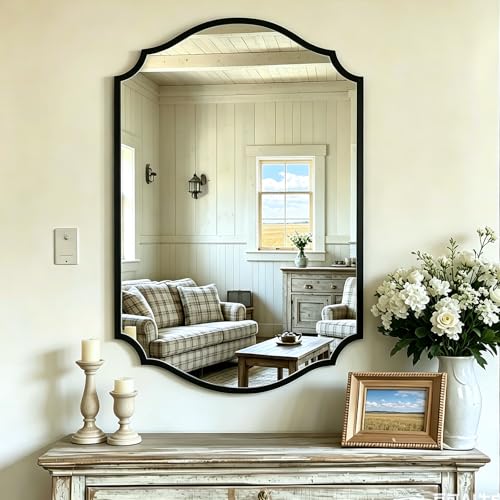 Chende Black Mirrors with Metal Frame, 36'' x 24'' Bathroom Vanity Mirror with Scalloped Design, Large Wall Mirrors Decor for Living Room, Entryway, Dining Room