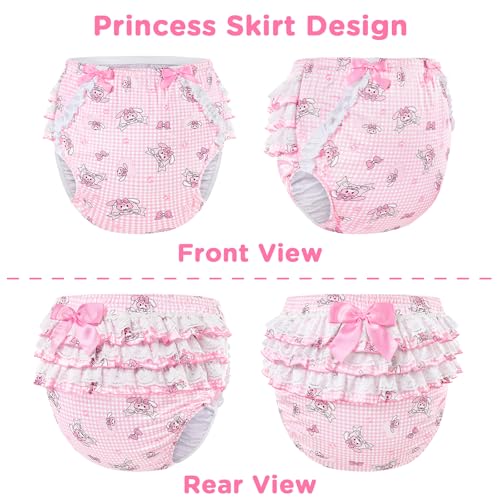 Image of Littleforbig Silky Washable Reusable Waterproof Ruffled Lace Bow Bunnies & Bows Usagi Pattern Ruffle Adult Diaper Cover XL