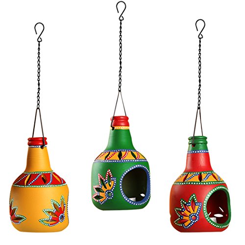 Image of ExclusiveLane EL-008-117 Terracotta 'The Bottle Trio' Living Room Decorative Light Votive Candle Stand (10.4 x 10.4 x 16.8 cm, Dark Green, Sunlight Yellow & Crimson Red) - Set of 3