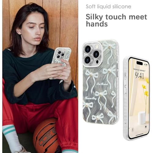 Image of VONZEE Compatible with iPhone 15 Pro 6.1'' Case Luxury Pink Girly Cute 3D Bow Pearl Glitter Bling Case with Full Camera Protection Shockproof PC+TPU Glossy Shiny Cover for Girls Women, Silver