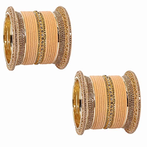 Image of NMII Non-Precious Metal with Base Metal and Studded with Zircon Gemstone Glossy Finished Traditional Velvet Bangle Chuda set for Women and Girls