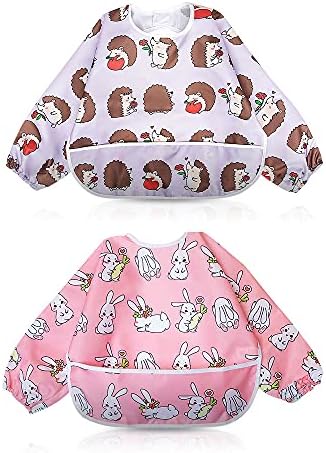 Long Sleeved Coverall Waterproof Feeding Baby Bibs with Food Protection Large Pocket for Babies Toddlers by Little Dimsum (6-48 Months)(Little Puppy)