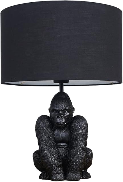 MiniSun Modern Matt Black Sitting Gorilla Table Lamp with a Black Drum Shade