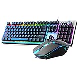 Gaming Keyboard and Mouse Combo, Rainbow Backlit Mechanical Feeling Keyboard with 4 Colors Breathing LED Backlight Mouse Set for PC Laptop Computer Game and Work, Home and Office