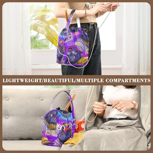 Image of Tatenale Crochet Bag Yarn Bag Knitting Project Bag with Pockets and Handle Portable Yarn Storage Organizer Tangle Free 8.3x11 InchCartoon Gorillas Glasses Trends Purple36