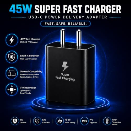 Image of 45W USB-C Fast Charger with Type-C to Type-C Cable, PD 3.0 PPS Charging Adapter for Samsung Galaxy S25 /S24 /S23 /S22 Ultra, Z Fold and Z Flip Series, Black