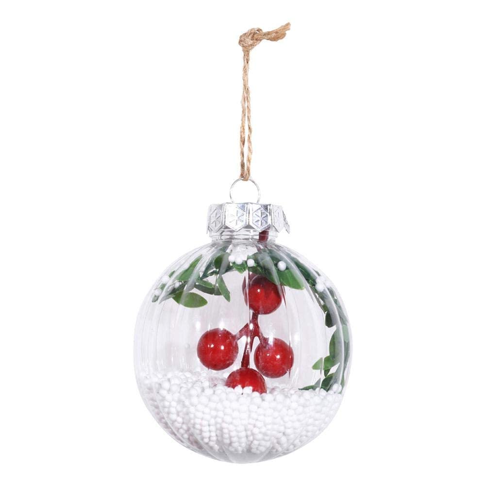 8cm Clear Christmas Tree Baubles Pumpkin Plastic Balls Hanging Ornaments with Artificial Snow Pine Cones Holly and Berries Christmas Tree Decoration (Style C)