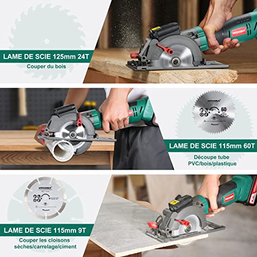 HYCHIKA Scie Circulaire Sans Fil 18V, 4.0Ah Li-ion Batterie 3500RPM Petite Scie Circulaire, 3 Lames(115 et 125mm), Guide Laser, Max Profondeur de Coupe 48mm(90°), 32mm(45°) pour Couper du Bois Métal – vue 6