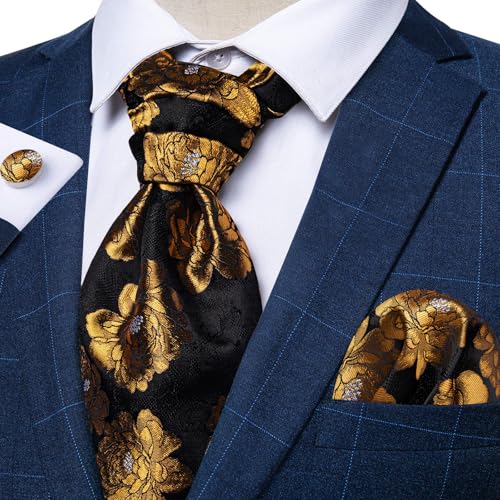 Image of DiBanGu 3PCS Ascot Ties for Men Wedding Jacquard Woven Silk Ascot Cravat for Men Cravat Tie and Pocket Square Set