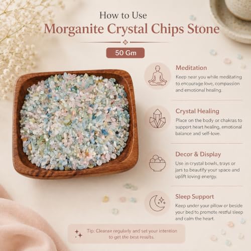 Image of Natural Morganite Crystal Chips Stone 50 Gm for Reiki, Meditation, Vastu & Feng Shui | Polished Gemstone Chips for Home Decor, Jewellery Making, Resin Art & Craft