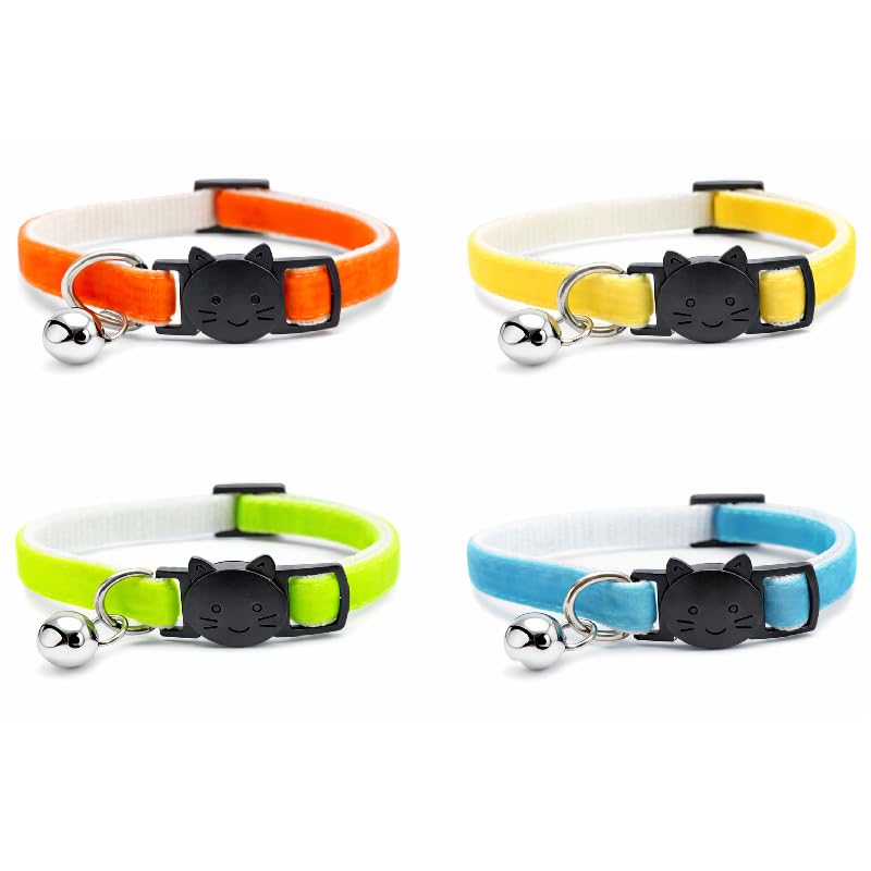 Velvet Cat Collars with Bell. Safe Quick Release Breakaway Buckle | Zacal Cat Collars (Pack of 3) (Neon Green + Orange + Turquoise + Lemon Yellow, Pack of 4)