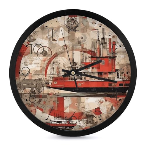 JEKYQ Orologio da parete silenzioso da 25,4 cm, senza ticchettio, orologio analogico con immagine di nave rossa, orologi da parete per bagno, orologio rotondo, decorazione da parete per casa, cucina