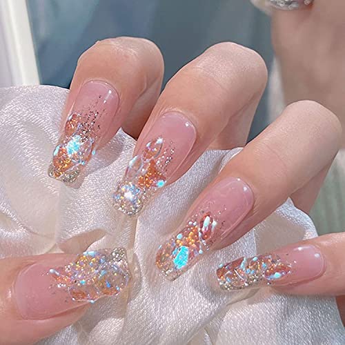 24pccs Shiny Press on Nail Medium Length Fake Nail Rhinestones Coffin Fake Nails with Bling Designs Full Cover False Nails for Women DIY Nail Art Salon Gifts for Women Manicure Decor