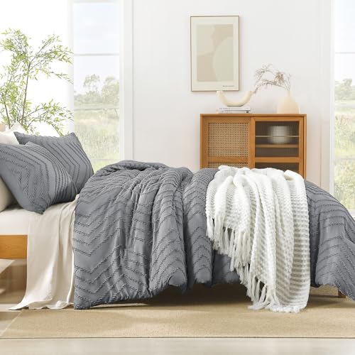 Image of Litanika California King Size Comforter Set Medium Gray, 3 Pieces Chevron Tufted Bedding Set & Collections, All Season Bed Set (104x96In Comforter and 2 Pillow Shams)