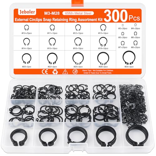 Jeboler 300 Sicherungsring Set, Ø 3-28 mm E-Clips Sprengring Seegering Sortiment, Externes C-Clips Sicherungsscheiben Innen Spannring Klemmring Geteilte Schnallen Unterlegscheiben für Wellen
