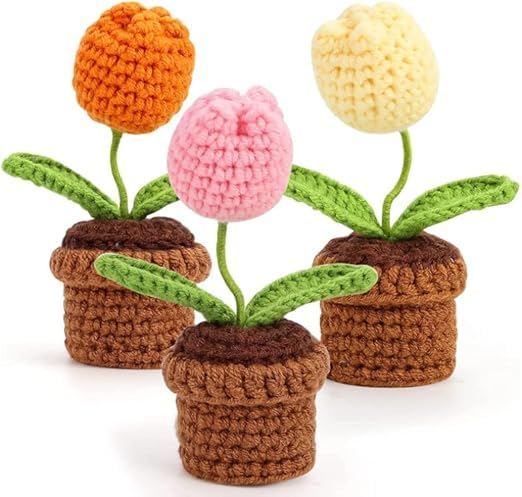 3Pcs Flower Decoration Handmade Crochet Tulip Flowers, Completed Hand Woven Flowers Knitted Flower Crochet Flower for Car Decoration Table Decoration, Home Decoration