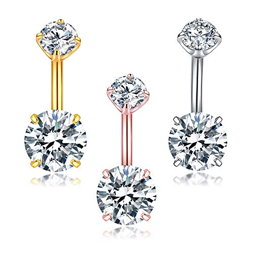 14G Surgical Steel Belly Button Rings for Women and Girls Round Cubic Zirconia Body Piercing Jewelryï¼ˆ3Pcsï¼‰