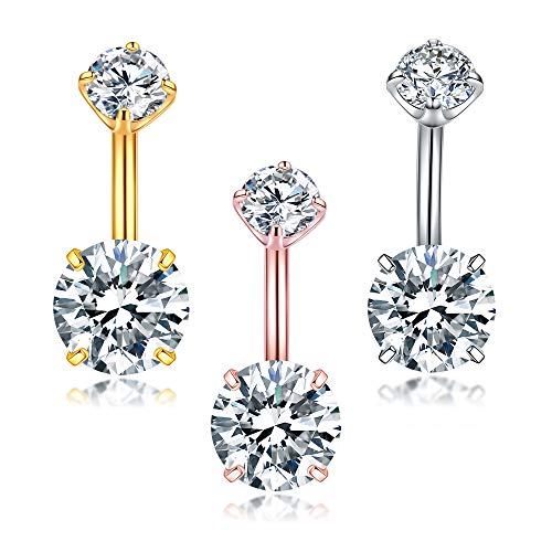 14G Surgical Steel Belly Button Rings for Women and Girls Round Cubic Zirconia Body Piercing Jewelry（3Pcs）