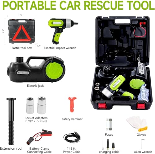 Image of E-HEELP Electric Car Jack Kit 5 ton 12V Hydraulic Car Jack Lift (Lifting Range: 5.3-14.17inches) with Impact Wrench Inflator Pump for Car SUV Sedan MPV, LCD Display and Tire Pressure Monitor