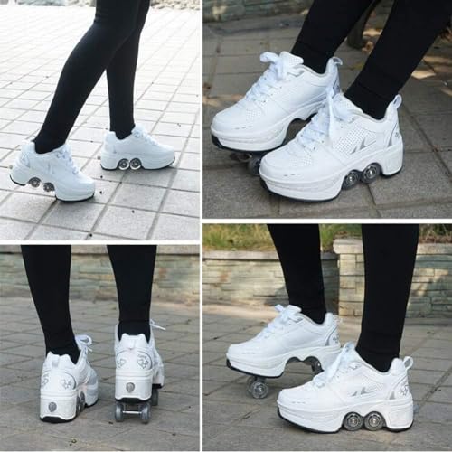 Image of Roller Skates for Women /Girls, Retractable Kick Roller Shoes with Wheels for Men, Outdoor Quad Wheel Rink Skates Adjustable Deformation Sneakers for Adult /Boys