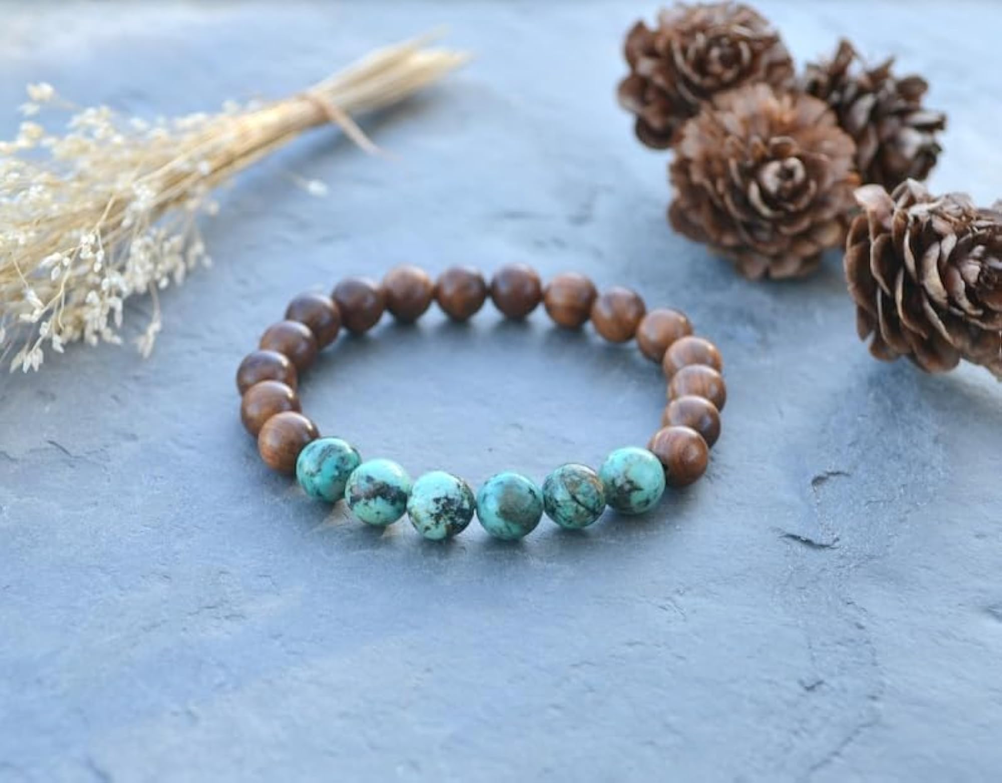 Unisex Natural African Turquoise & Wood Beads Gemstone Stretch Bracelet