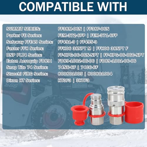 Image of 3 /8 inch Skid Steer Flat Face Hydraulic Quick Connect Couplers With Dust Covers - Compatible With Parker FE Series | Safeway FFE49 Series | Faster FFH Series