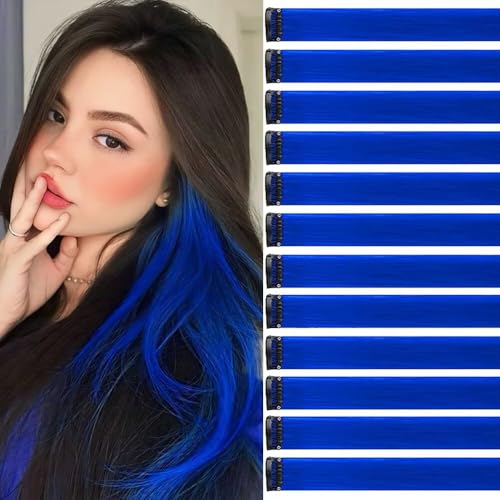 Lot de 12 mèches de cheveux à clipser, bleu saphir, 55 cm, pour tresses, mèches individuelles,...