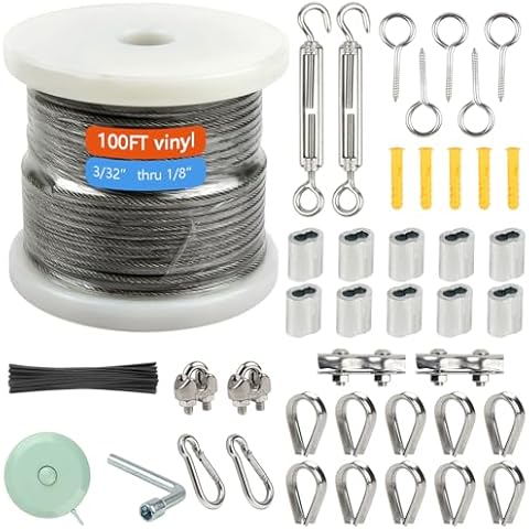 MEDOON 1/8" Wire Rope Kit String Light Hanging Kit Outdoor Light Guide Wire 100FT Cables Wire,Vinyl Coated Stainless Steel Cable Wire for Outdoor,Garden,Kitchen,Craft with Turnbuckle Cover
