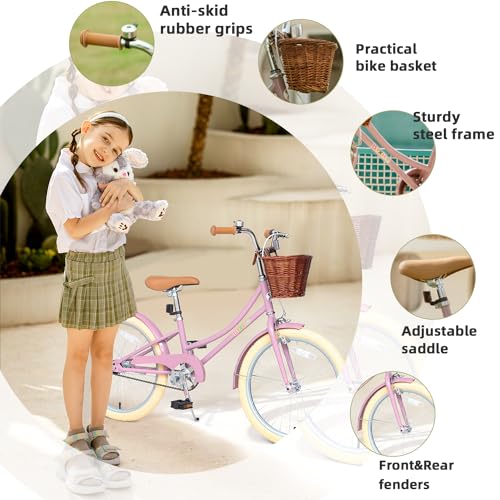 Image of Princess Style Girls Bike with Basket for 2-13 Years Old Kids and Toddlers, 12 14 16 18 Inch Bicycle for Children with Training Wheels and Streamers, 20 Inch with Kickstand, Multiple Colors