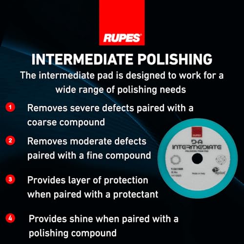 Image of RUPES 100mm Pack of 6 Light Blue D-A Intermediate Foam Polishing Pads | Ideal for Mild to Severe Paint Correction | Improves Cutting Performance | Compatible with 4 inch Backing Plate