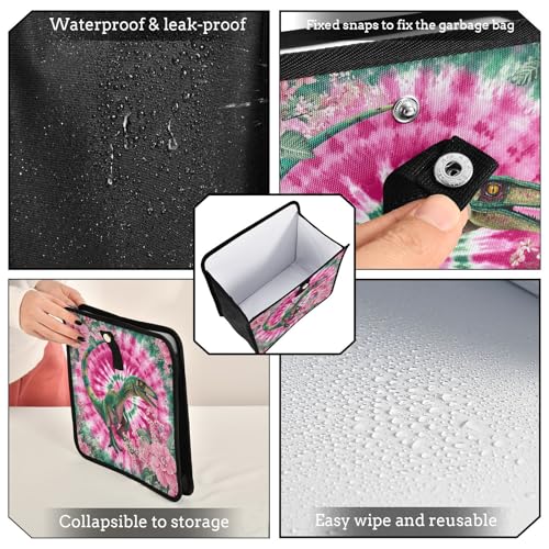 Image of Car Trash Can Organizer Bin with Adjustable Strap for Back Front Seat Console Waterproof Leakproof Collapsible Portable 8.66 Inch Tie Dye Dinosaur Pink Green