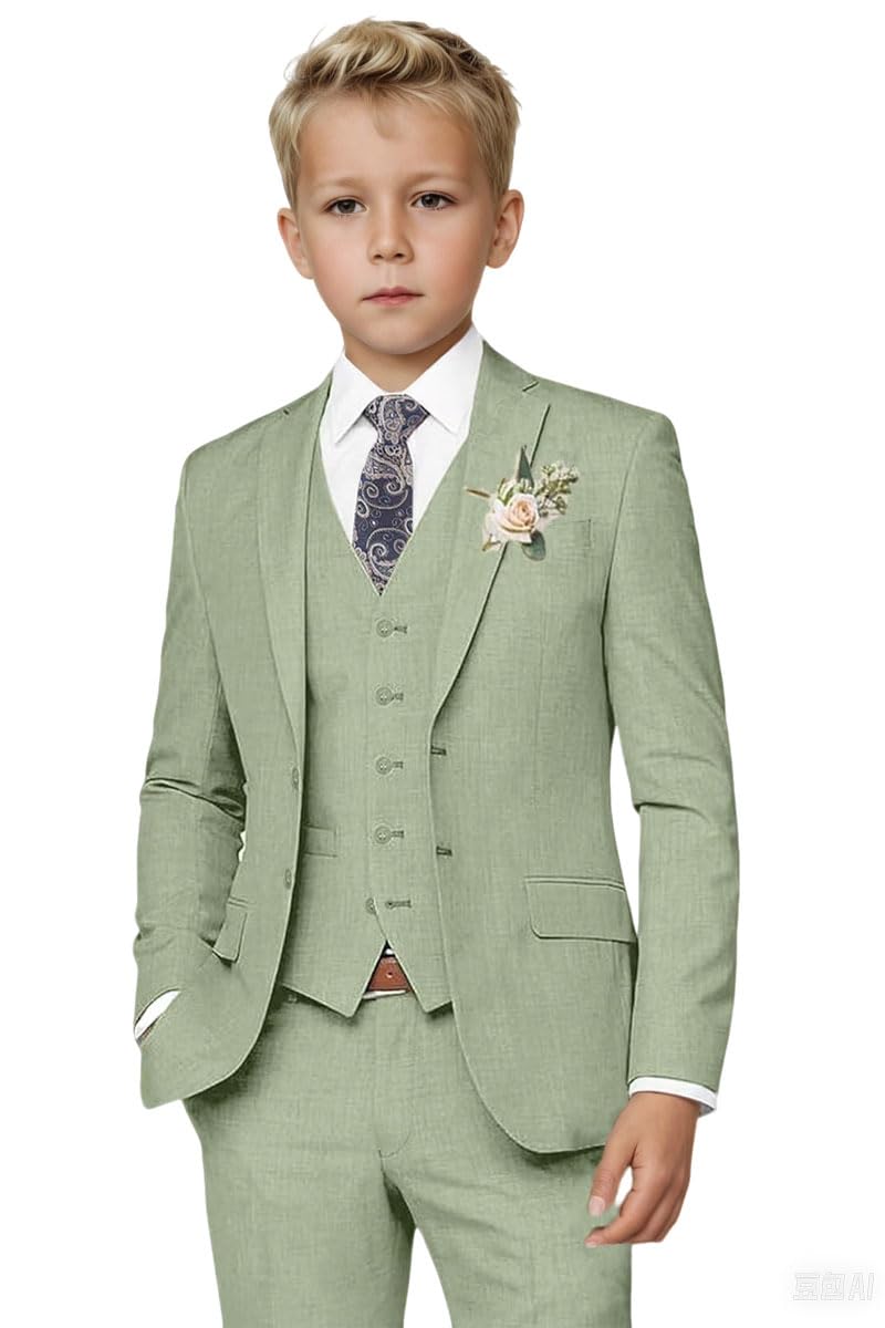 Botong Boys Linen Suit for Summer Wedding 3 PC Notch Lapel Kids Tuxedos Toddler Formal Wear Sage 10T