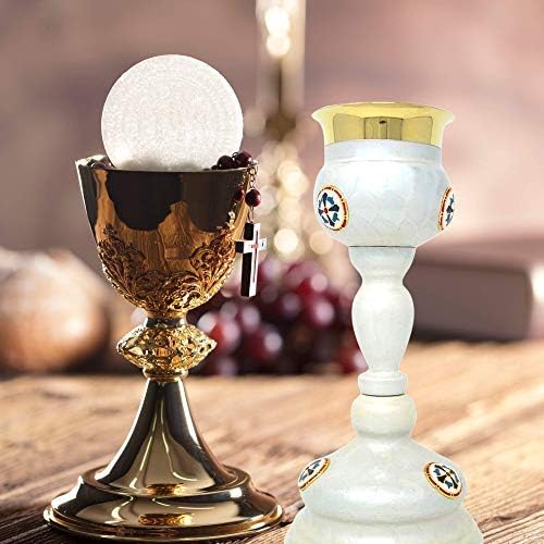 Miniatura 4 de Needzo Juego de cáliz y patena, detalles de cruz esmaltada, suministros de comunión de la iglesia católica, 11 pulgadas, metal, porcelana, latón