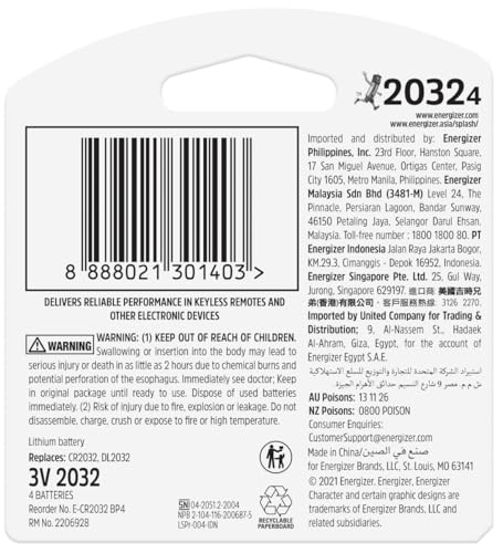 Image of Energizer 2032 Batteries, 3V Lithium Coin Batteries, 4 Count (Pack of 2)