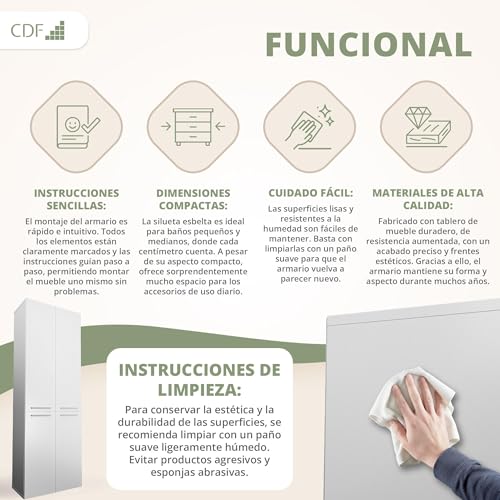 CDF Armario de Baño con 1 Cesto Ropa Sucia, Armario Alto, Bolsa de Ropa Extraíble con Asas Compartimento con Puerta 30 x 60 x 174 cm Bianco Montaje Sencillo - imagen 6