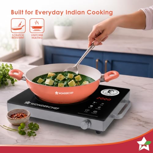 Image of Wonderchef Natura Ceramic Kadhai & Glass Lid for Cooking, 24cm, 2.5L, Non-Toxic Chemical-Free Coating, PFOA /PFAS-Free, for Kitchen, Scratch-Resistant, Gas & Induction Compatible, 2-Yr Warranty, Peach