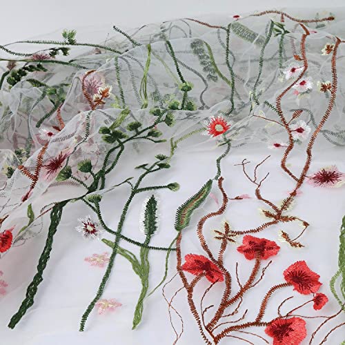 Exquisite Floral Embroidered Lace Fabric Flower Plant Tulle for Sewing Dress Gown Overlay Curtain Embellishment, 60 Inch Wide (2 Yards Precut, White Background)